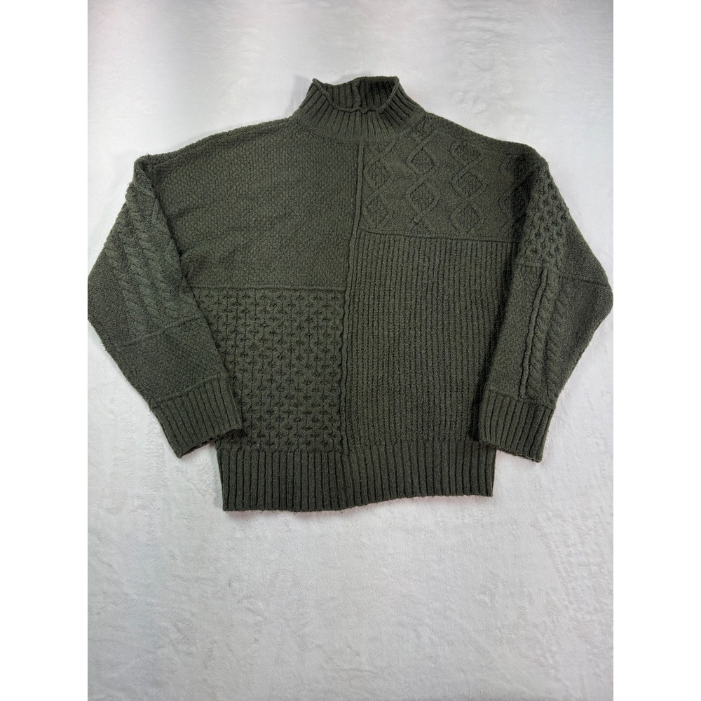 American Eagle Mixed Stitch Mock Neck Sweater Olive Green Patchwork Knit Medium